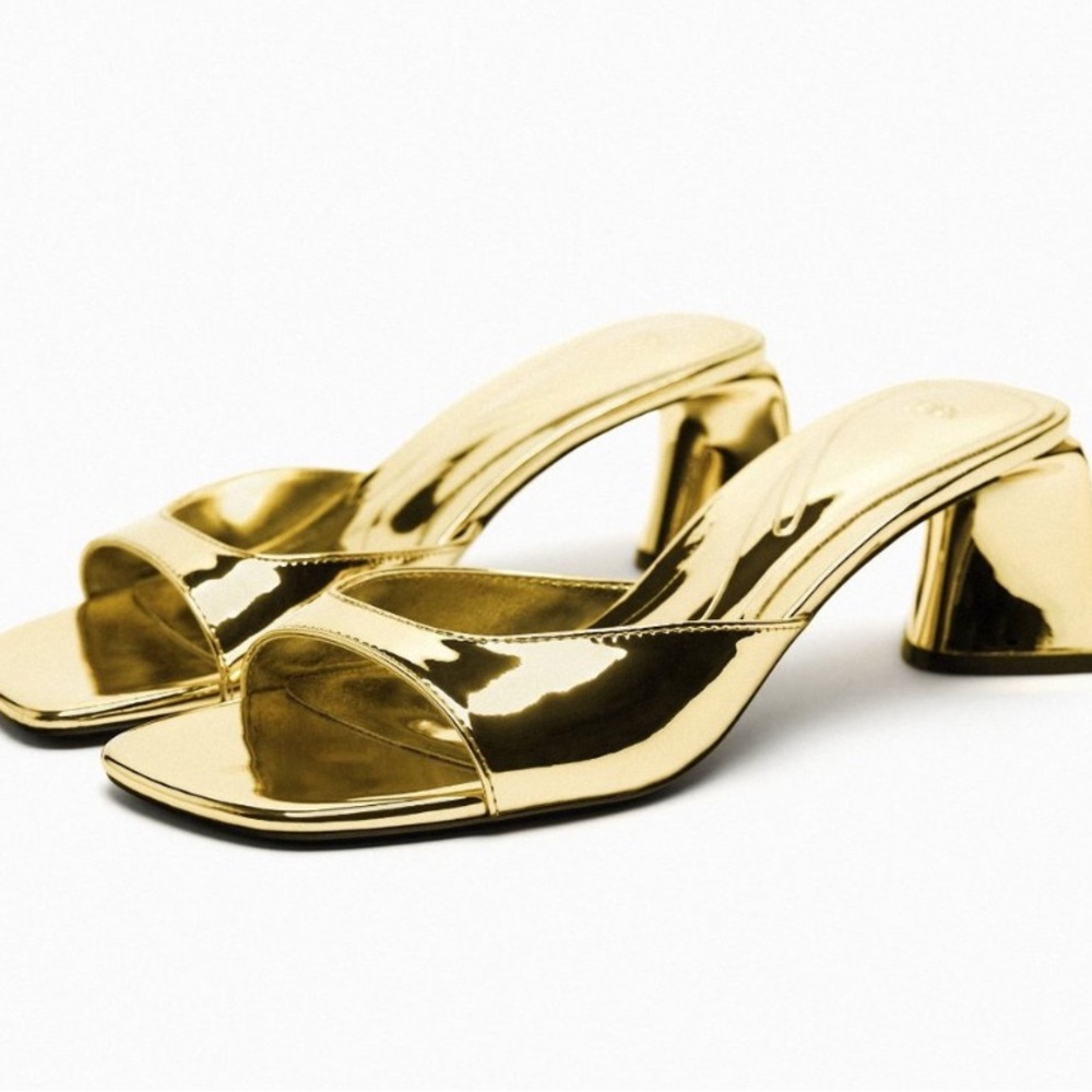 Zara Gold Metallic Sandal Block Heels Mule
